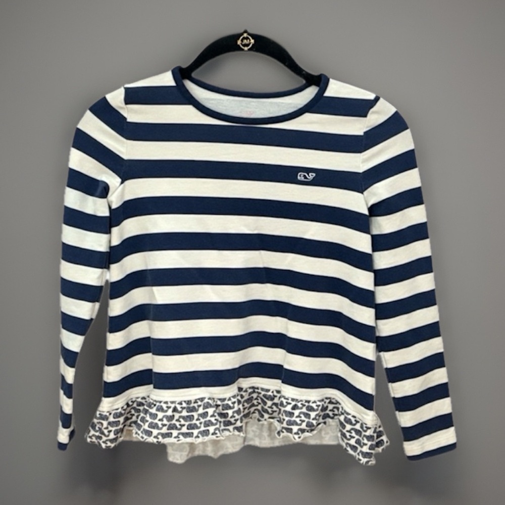 VINEYARD VINES Top/T-ShirtNavy and White Striped Ruffle Bottom Trim Sz S
